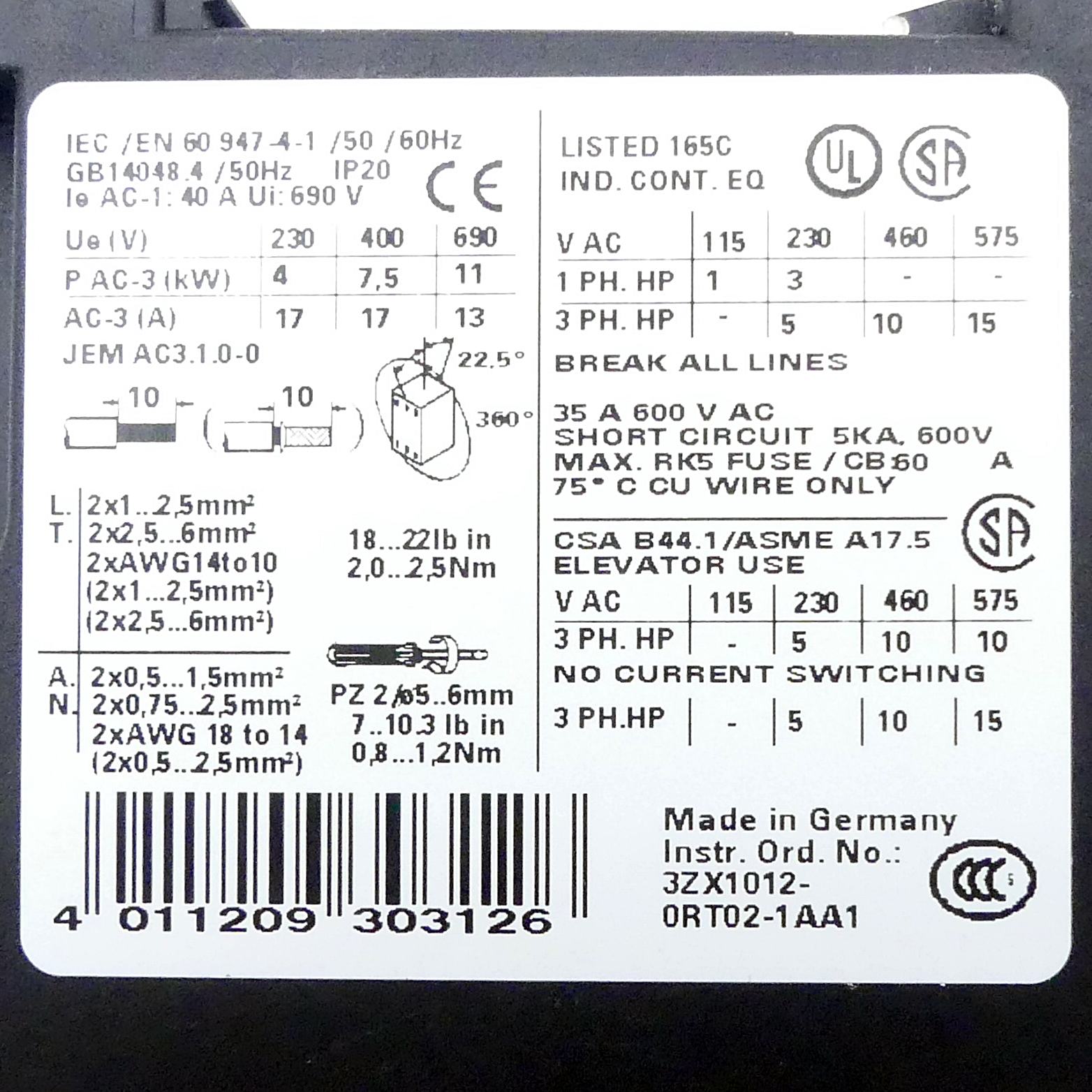 Contactor 3RT1025-1BB44 Used